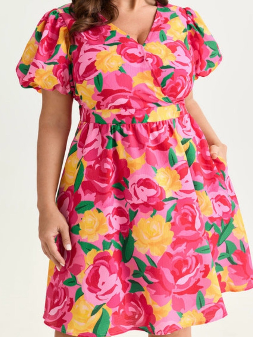 BloomChic Pink & Yellow Floral V-Neck Puff Sleeve Midi Dress